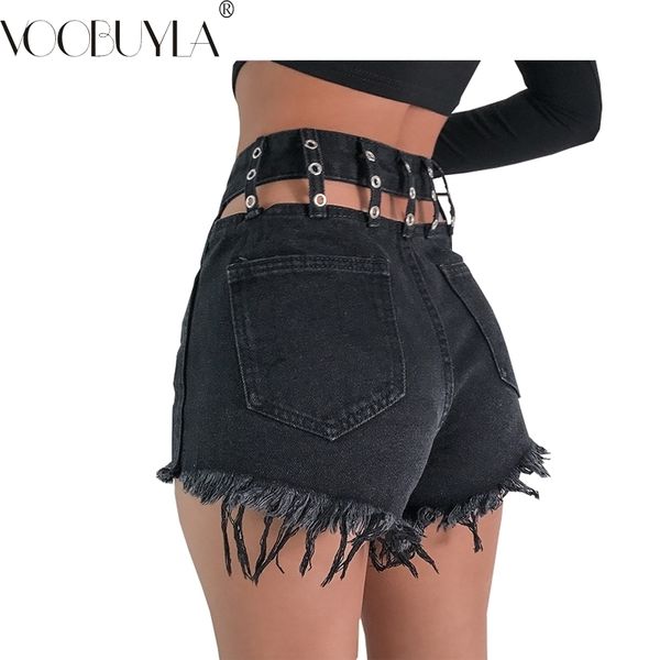 

voobuyla waist hollow out black denim shorts women tassel burr skinny high waisted short jeans club night party shorts y200822, White;black