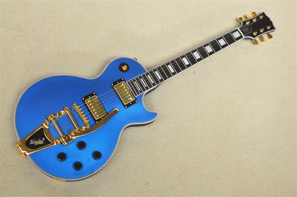

matte metallic blue electric guitar mahogany body rosewood fingerboard bigtremolo rocker fixed bridge gold knob