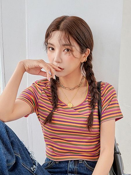 

dazy rainbow striped rib-knit crop tee c4gc#, White