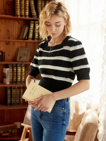 

knit mix striped pattern puff sleeve knit 97i4#, White;black
