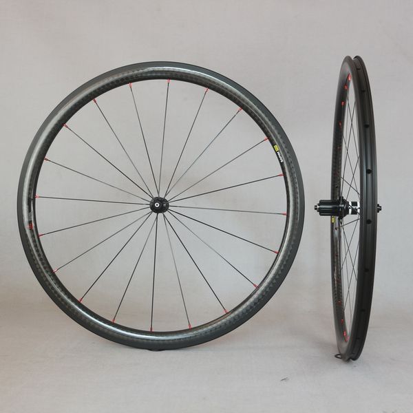 Freno a cerchione Ruote per bicicletta da strada a 11 velocità 38 * 25mm Tubeless 12K lucido con mozzo DT350 Superficie frenante Capezzoli esterni rossi