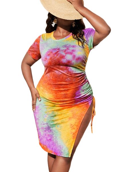 

x agata plus tie dye drawstring split dress m4xg#, Black