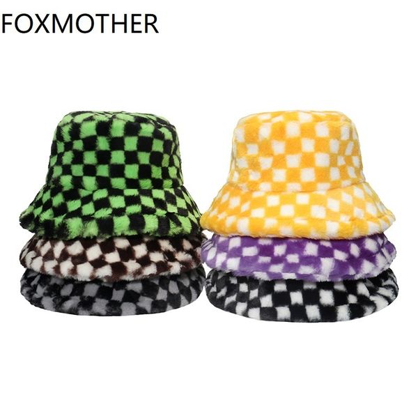 

foxmother faux fur winter caps black green plaid check bucket hats for women mens 220325, Blue;gray