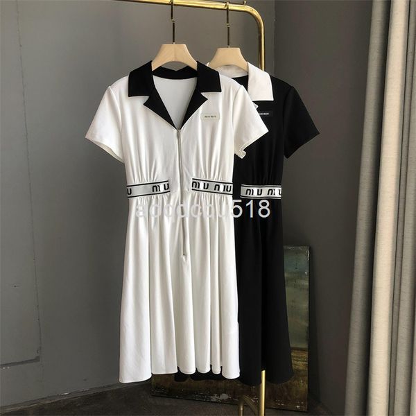 

casual dresses spring summer dress women's niche fashion zipper lapel elastic waist mid length skirt, Black;gray