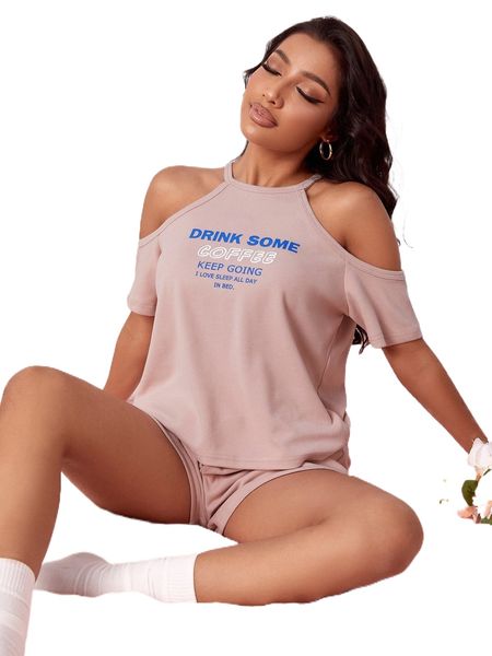 

slogan graphic cold shoulder lounge set w3ru#, Black;red