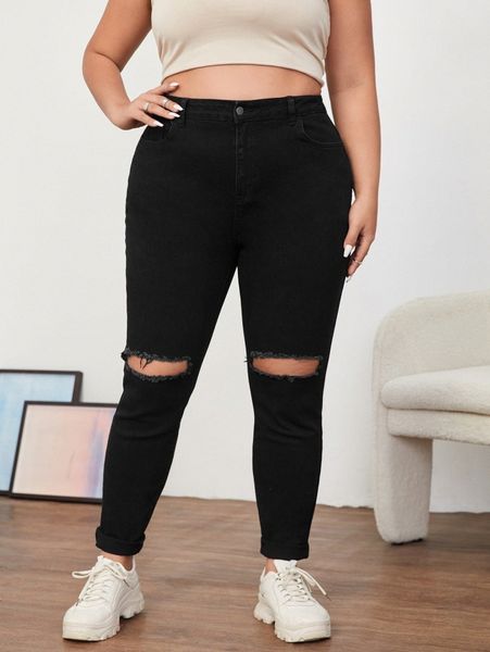 

plus high waist cut out raw trim skinny jeans 38cn#, Blue
