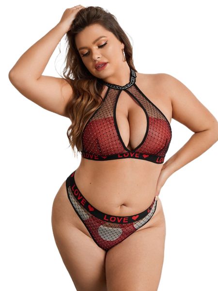 

plus letter graphic plaid mesh lingerie set 98gd#, Black;white