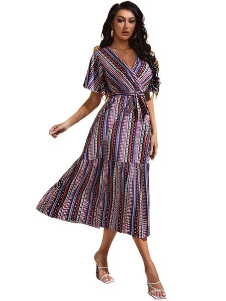 

butterfly sleeve self belted geo print dress 74nm#, Black;gray