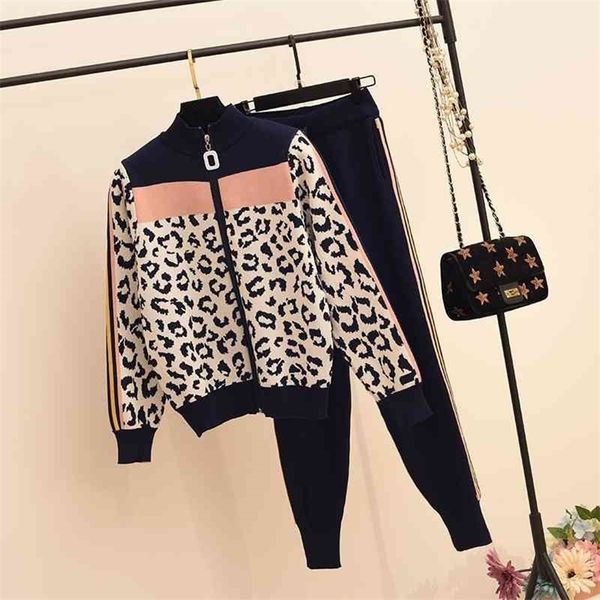 

autumn winter tracksuit women leopard print zipper cardigans pants 2pcs fashion hit color slim jumper trousers set 210331, Gray