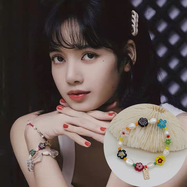 

korean style dongdaemun same flower glass freshwater pearl strand bracelet elastic string beaded bracelet color for women, Black