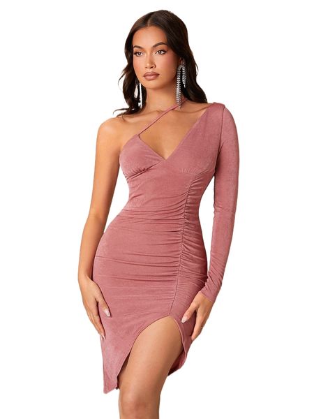 

one shoulder ruched split hem dress s6hj#, Black;gray