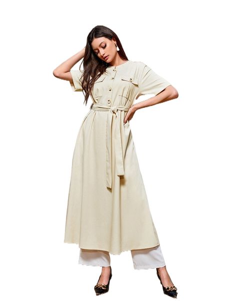 

flap pocket drop shoulder belted blouse 606p#, White