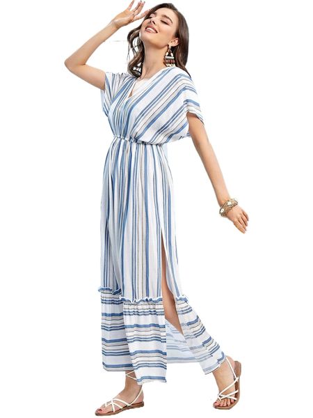 

batwing sleeve high split striped dress 32he#, Black;gray