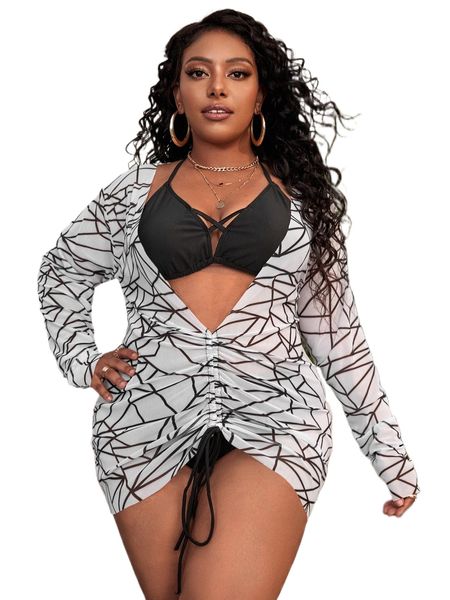 

plus geometric drawstring bikini swimsuit with cover up s7sl#, White;black