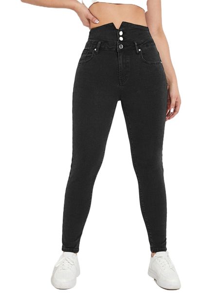 

high waist button front skinny jeans h4dm#, Blue