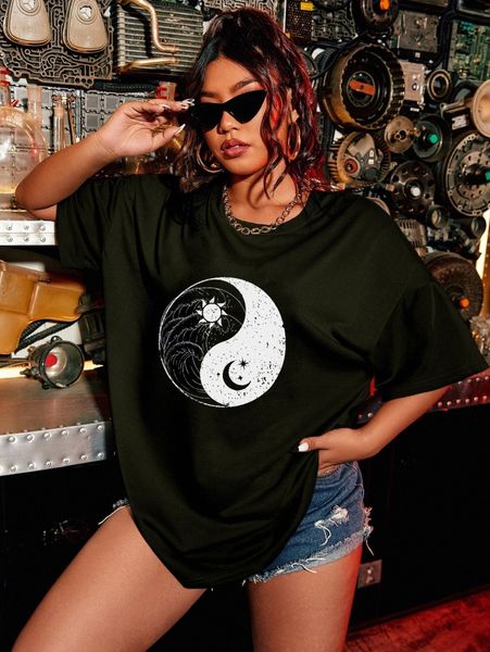 

plus moon and sun print drop shoulder tee 44ns#, Black