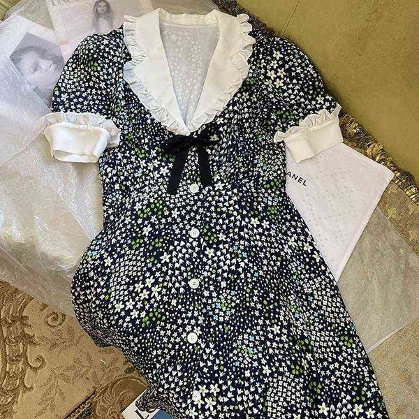 

yb2022 summer new chiffon print dress french doll neck beach resort skirt, Black