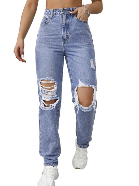 

high waist ripped straight leg jeans 15sy#, Blue