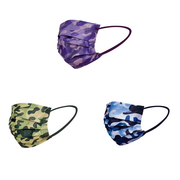 

camouflage printed disposable face masks breathable 3-ply non-woven cup dust masks with elastic earloop for kids boys girls daily use