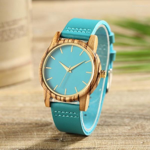 Orologi in legno per gli amanti della moda semplici e unici Orologi da donna in legno per uomo Orologio da polso blu in pelle di mucca Relogio Masculino Orologi da polso a goccia