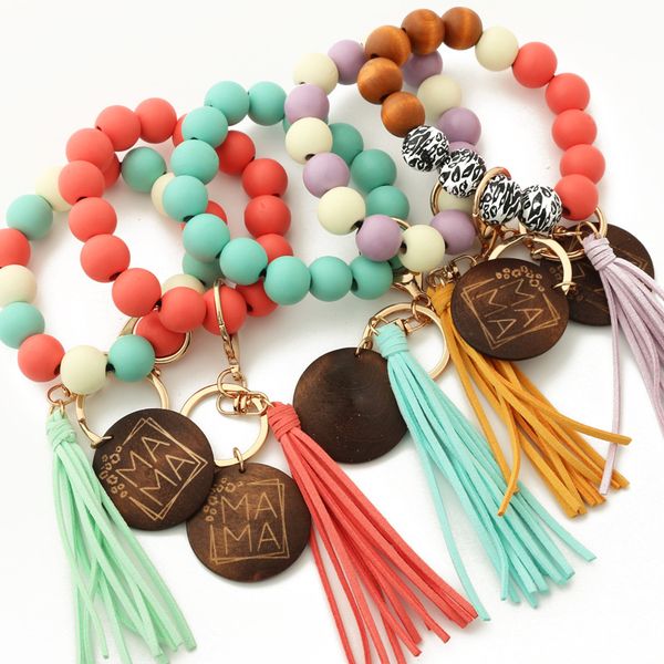 

leopard beaded keychain tassel keychain pendant wooden beads wrist bracelet key chain creative mama mother's day gift keyring, Silver