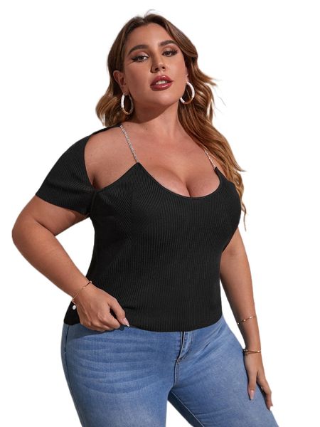 

plus rhinestone chain strap cut out knit a6sc#, Black