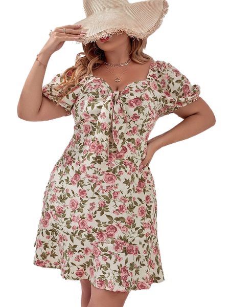 

plus floral print puff sleeve knot front ruffle hem dress g0nj#, Black