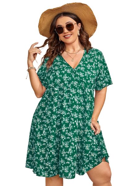 

plus ditsy floral print smock dress 30sb#, Black