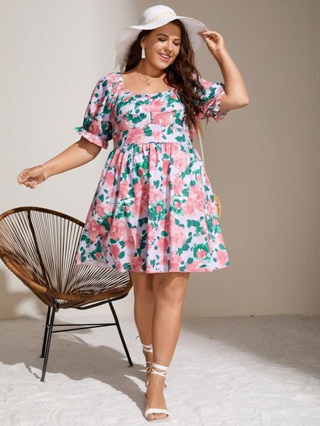 

plus floral print puff sleeve dress g0fc#, Black