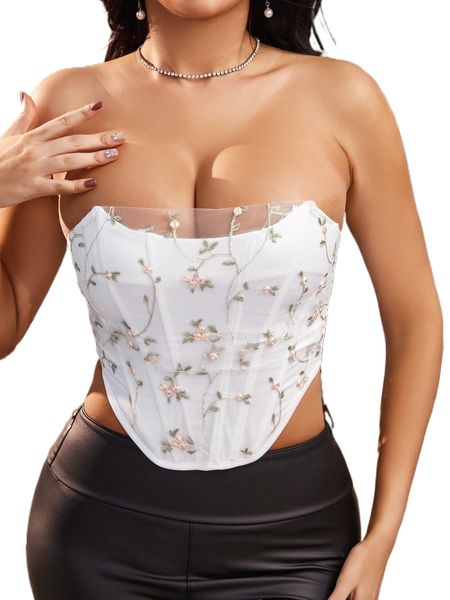 

sxy backless floral embroidery hook and eye asymmetrical hem mesh k584#, White