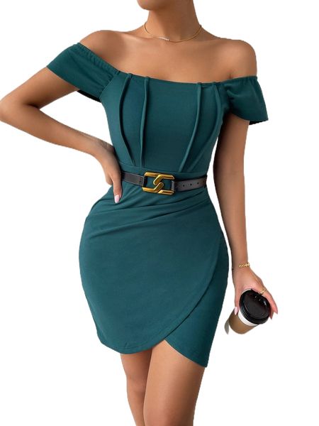 

off shoulder wrap hem bodycon dress without belt g2l3#, Black;gray