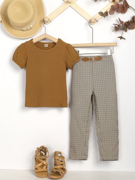 

toddler girls puff sleeve tee & plaid print buckle waist pants she, White