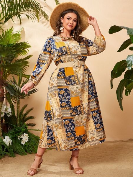 

plus scarf print bishop sleeve dress without belt f7ym#, Black