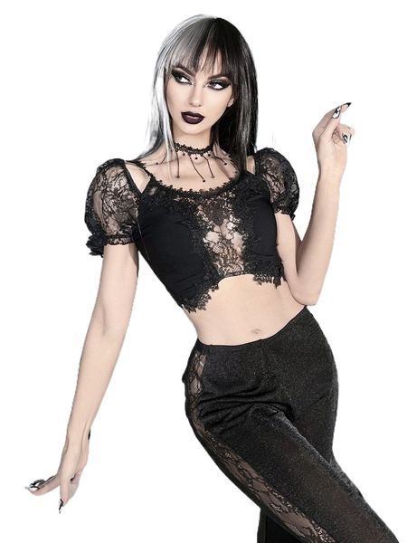 

lace insert puff sleeve crop j4s2#, White