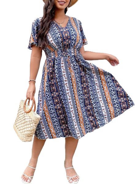 

plus floral print shirred waist flutter sleeve dress h2jc#, Black