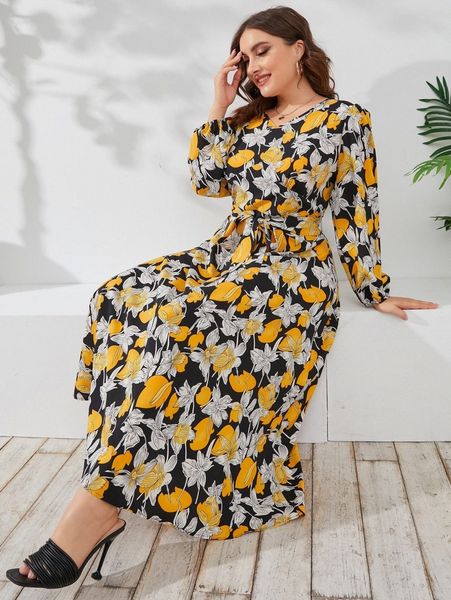 

plus floral print lantern sleeve belted dress 31ev#, Black