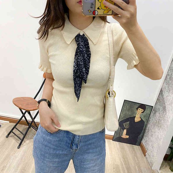 

women's sweaters early autumn short sleeved sweater women's versatile pullover sweater lapel suit collar lace up elegant small fra, White;black