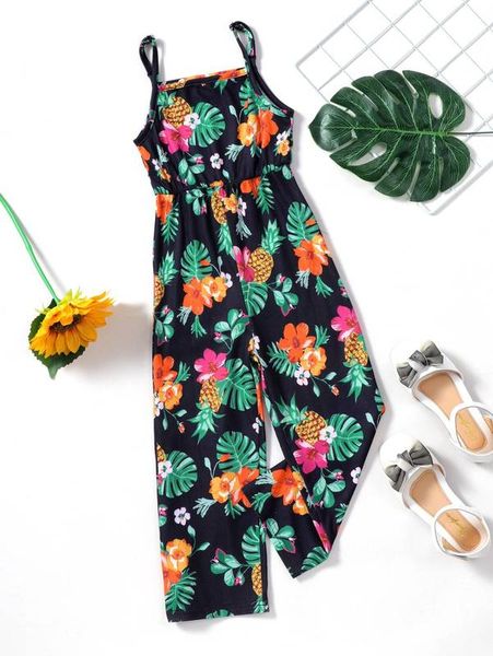 

toddler girls tropical & pineapple print cami jumpsuit she, Blue