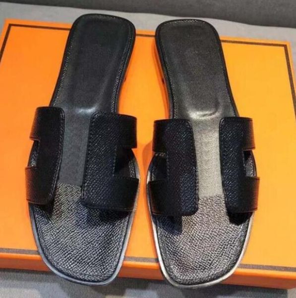 

ladies sandals summer flat shoes women slippers luxury designer leather fashion beach h letter drag 35-41, Black