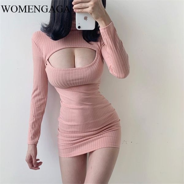 WOMENGAGA Neue Sexy Mode Hohl Brust Zeigen Dünne Temperament Schlanke Hüfte Elastische Volle Hülse Sexy Mini Kleid Frauen 36AK 210320