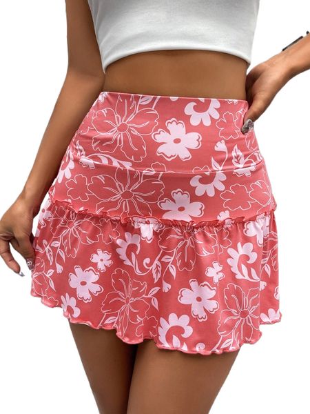 

floral print ruffle hem skirt 27na#, Black