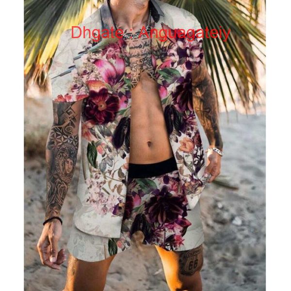 

casual men's summer shirts tracksuit hawaiian sets t-shirts printing luxury swim short sleeve button men shirt suit vacation beach fash, White;black