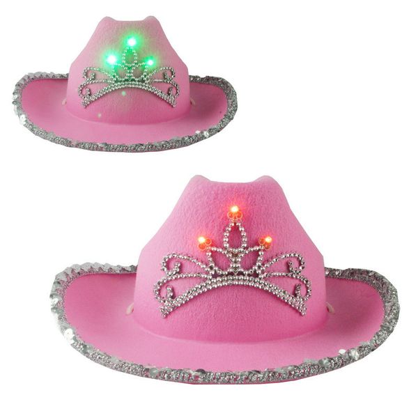 LED Western Style Geniş Bram Kovboy Şapka Pembe Kadın Kızlar Doğum Günü Partisi Kuşları Tüylü Dekorasyon Taç Taç Taç Gece Kulübü Kovucu Kız Şapkaları