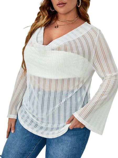 

plus solid draped sheer mesh blouse f1e5#, Black