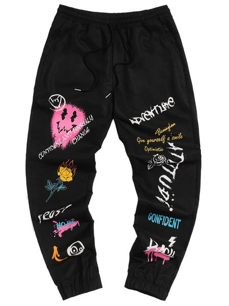 

men expression & letter graphic drawstring waist pants k4w9#, Black