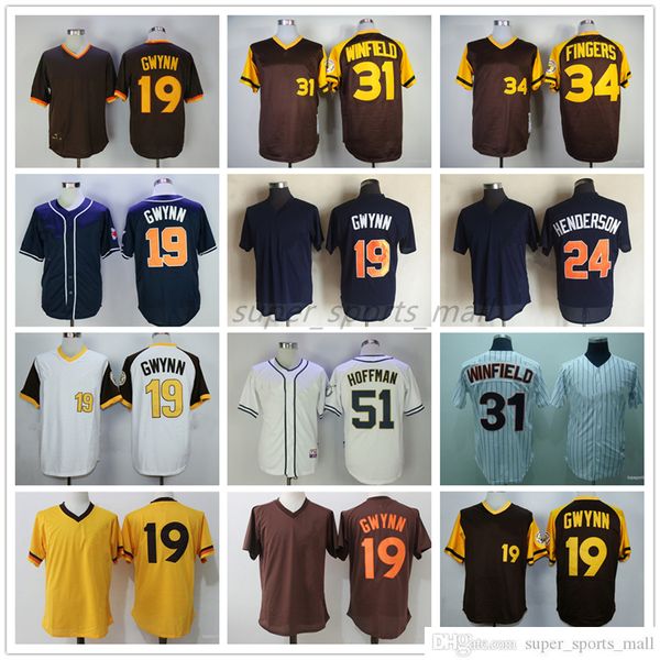 Vintage College Baseball usa Jersey 19 Tony Gwynn 24 Rickey Henderson 31 Dave Winfield 34 Rollie Fingers 51 Trevor Hoffman 1998 Blank Jerseys Men Size Size