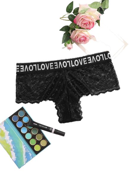 

plus lace contrast letter tape panty 56ax#, Black;white