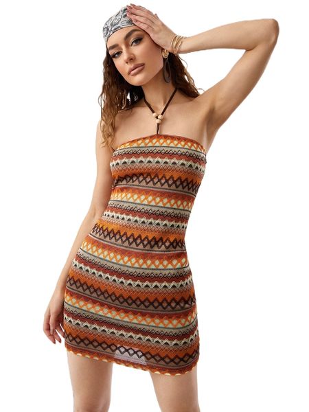

chevron pattern tie backless halter dress 65un#, Black;gray