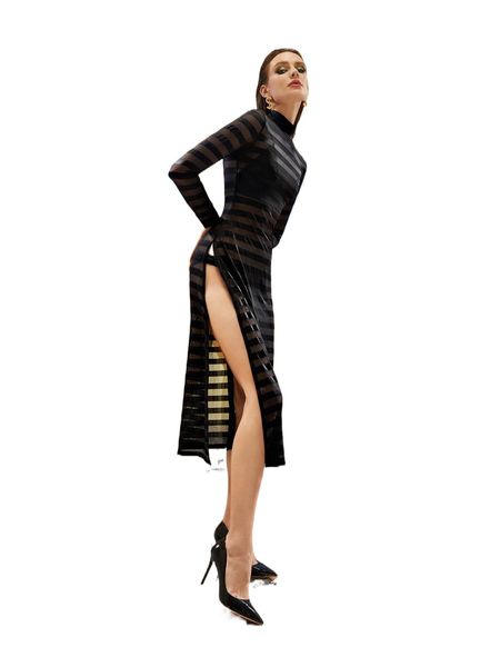 

x zebala striped mesh high split dress without lingerie t3fv#, Black;gray