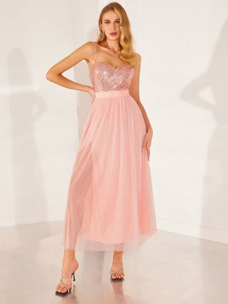 

double crazy contrast sequins mesh cami prom dress d23y#, Black;gray